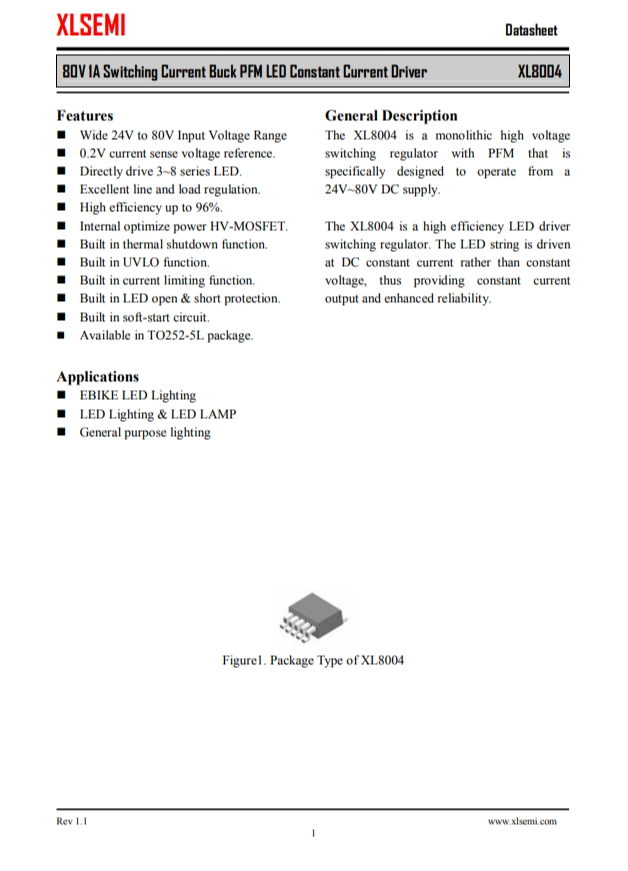 XL8004E1  80V 1A 开关电流降压 PFM LED 恒流驱动器