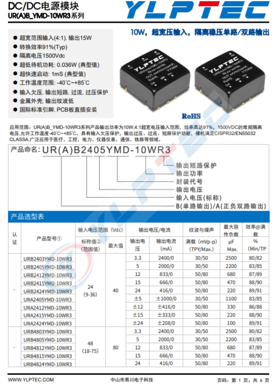 URA2415YMD-10WR3  输入电压9V~36V 输出电压±15V输出功率10W±333mA 