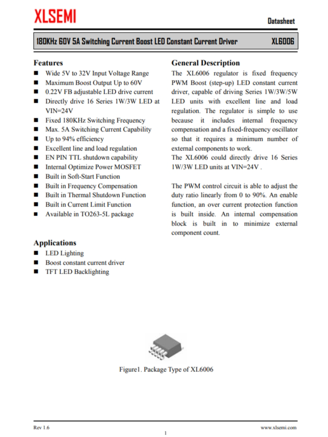 XL6006E1  180KHz 60V 5A 开关电流升压 LED 恒流驱动器