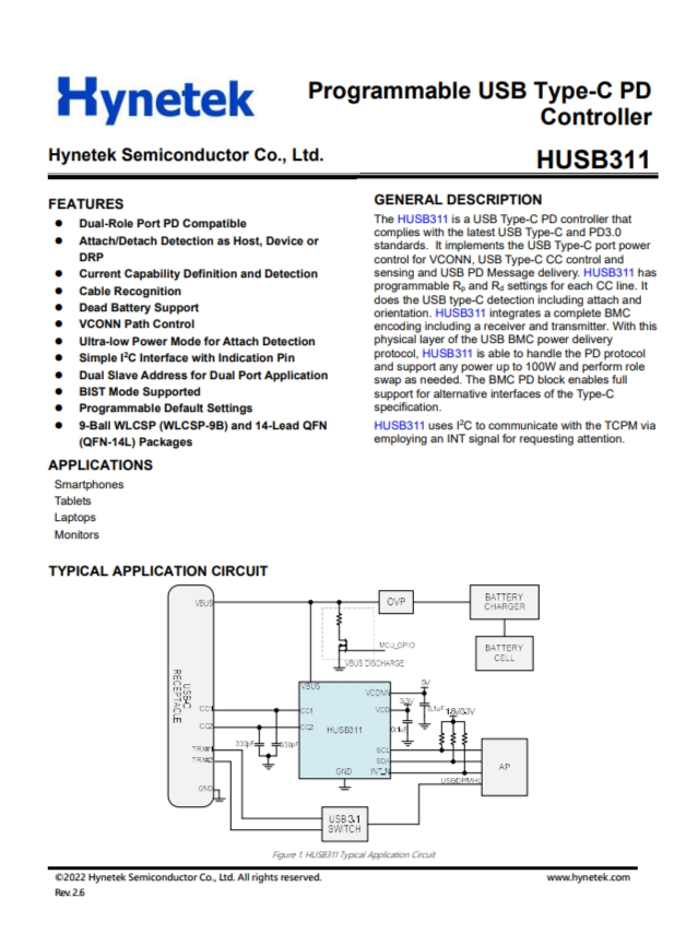 HUSB311  可编程 USB Type-C PD 控制器