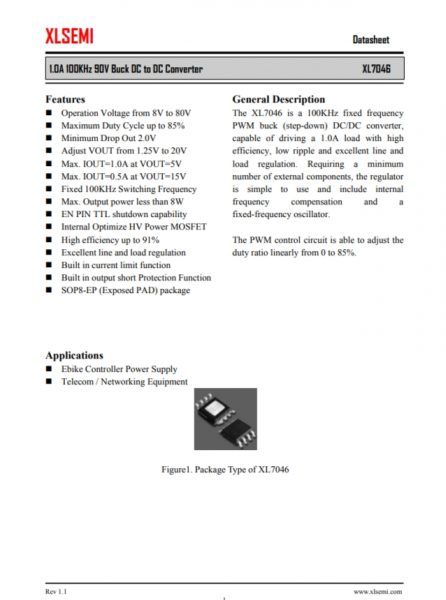 XL7046E1    1.0A 100KHz 90V 降壓DC-DC轉換器
