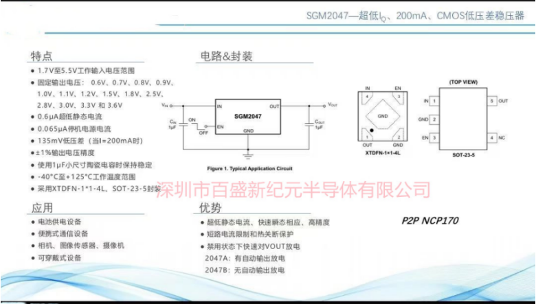 SGM2047-1 SGM2047 PIN TO PIN NCP170 广范应用:电池供电设备;便携式通信设备;相机、图像传感器